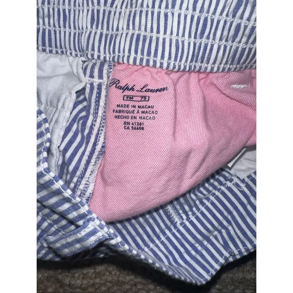 Ralph Lauren asymmetrical blue and white pin stripe and pink color block shorts